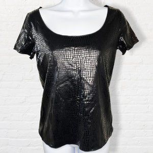 Vintage Rare Armani Collezioni Black Shiny Croc Boat Neck Short Sleeve Top